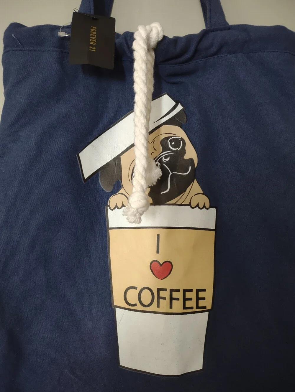 Forever 21 Pug Mug Blue Tote 'I Love Coffee' Totebag